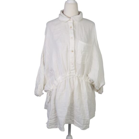 Elan White Cotton Button Front Cinch Waist Tunic Top Small - Picture 1 of 7
